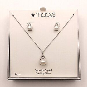 Womens Macy's Sterling Silver With Pearls And Crystals Earrings And Necklace Set